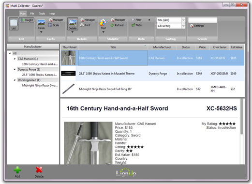 Guns, Swords and Weapons Organizing Software